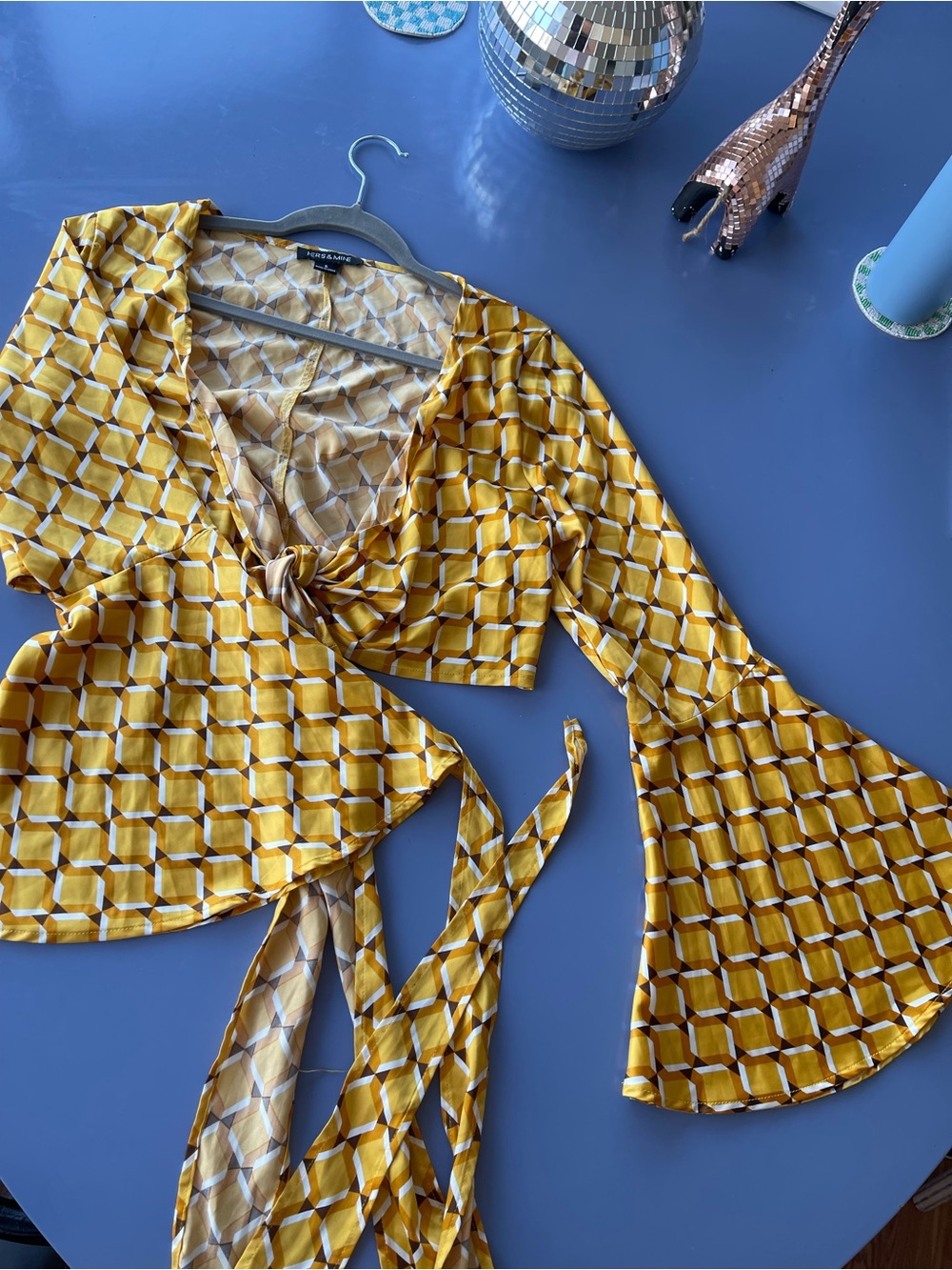 Geometric Tie-Front Bell Sleeve Blouse — Mustard Yellow